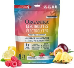 Organika Canadian-Made Electrolytes Powder - Variety Pack Sachets (Raspberry/Lemonade/Pineapple) On-the-Go Sugar-Free Hydration and Electrolyte Replenishment with Prebiotics and Vitamin C, 3.5g x 21ct
