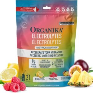 Organika Canadian-Made Electrolytes Powder - Variety Pack Sachets (Raspberry/Lemonade/Pineapple) On-the-Go Sugar-Free Hydration and Electrolyte Replenishment with Prebiotics and Vitamin C, 3.5g x 21ct