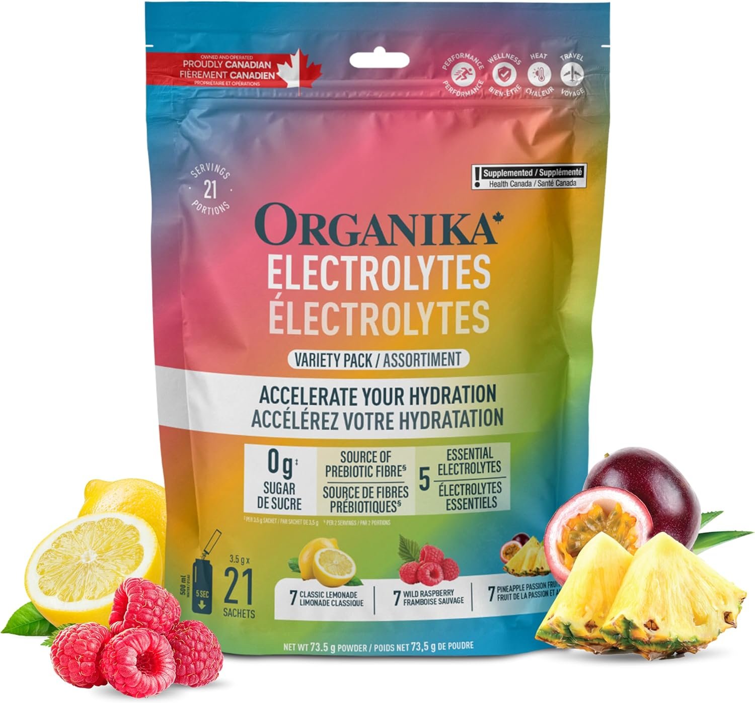Organika Canadian-Made Electrolytes Powder - Variety Pack Sachets (Raspberry/Lemonade/Pineapple) On-the-Go Sugar-Free Hydration and Electrolyte Replenishment with Prebiotics and Vitamin C, 3.5g x 21ct
